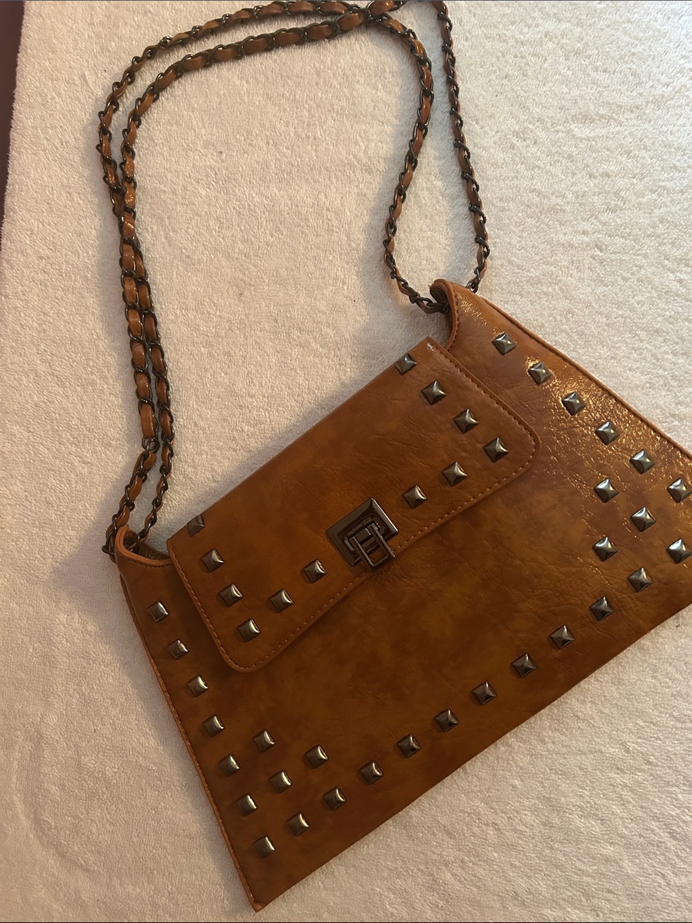 Tan Crossbody Bag with Chain and Studs